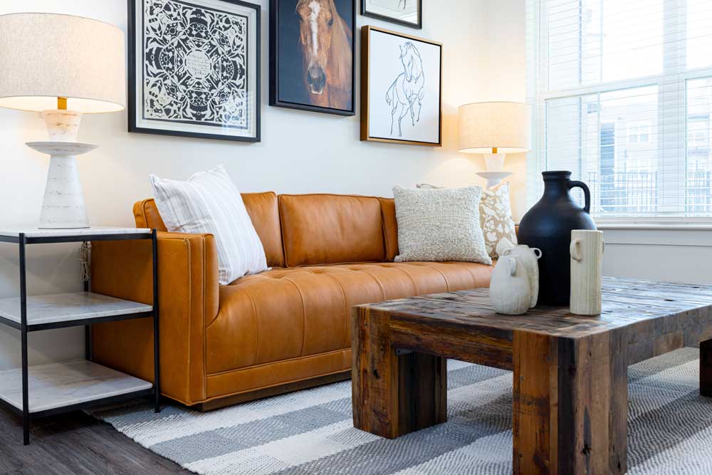 Living room with leather sofa and decorative items